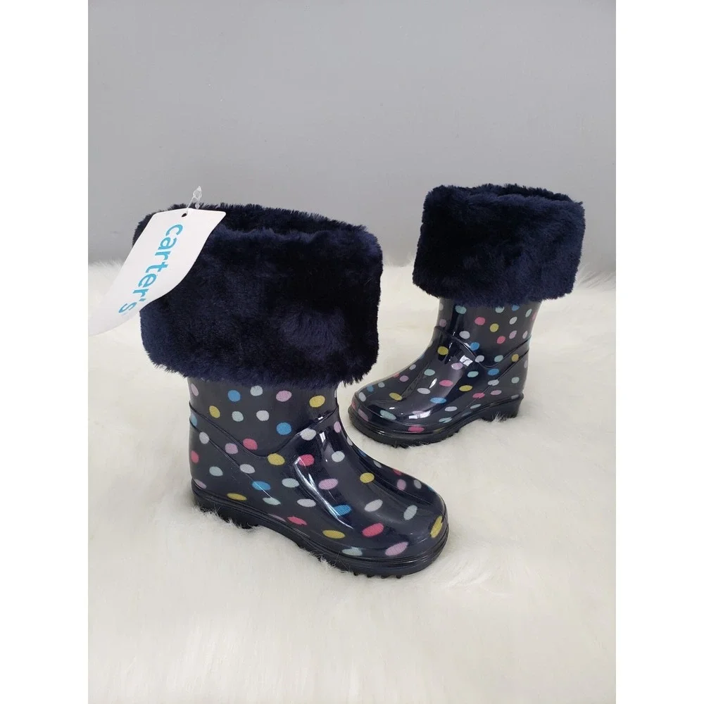 NEW - WARM Carter's Amary Baby Raining Boots Size 4 Girl NEW Polka Dot Navy Blue